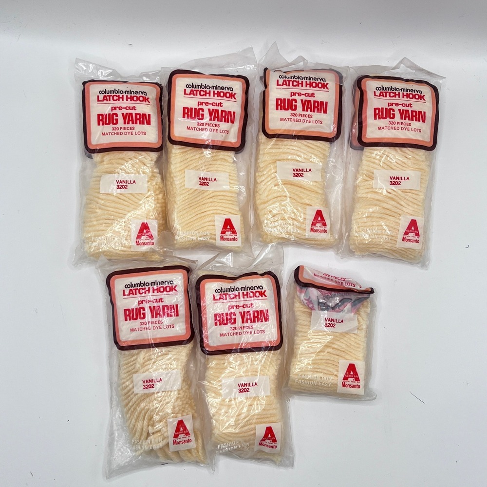 Columbia-Minerva Latch Hook Rug Yarn Vanilla 3202 Pre-Cut Lot of 7 Packs